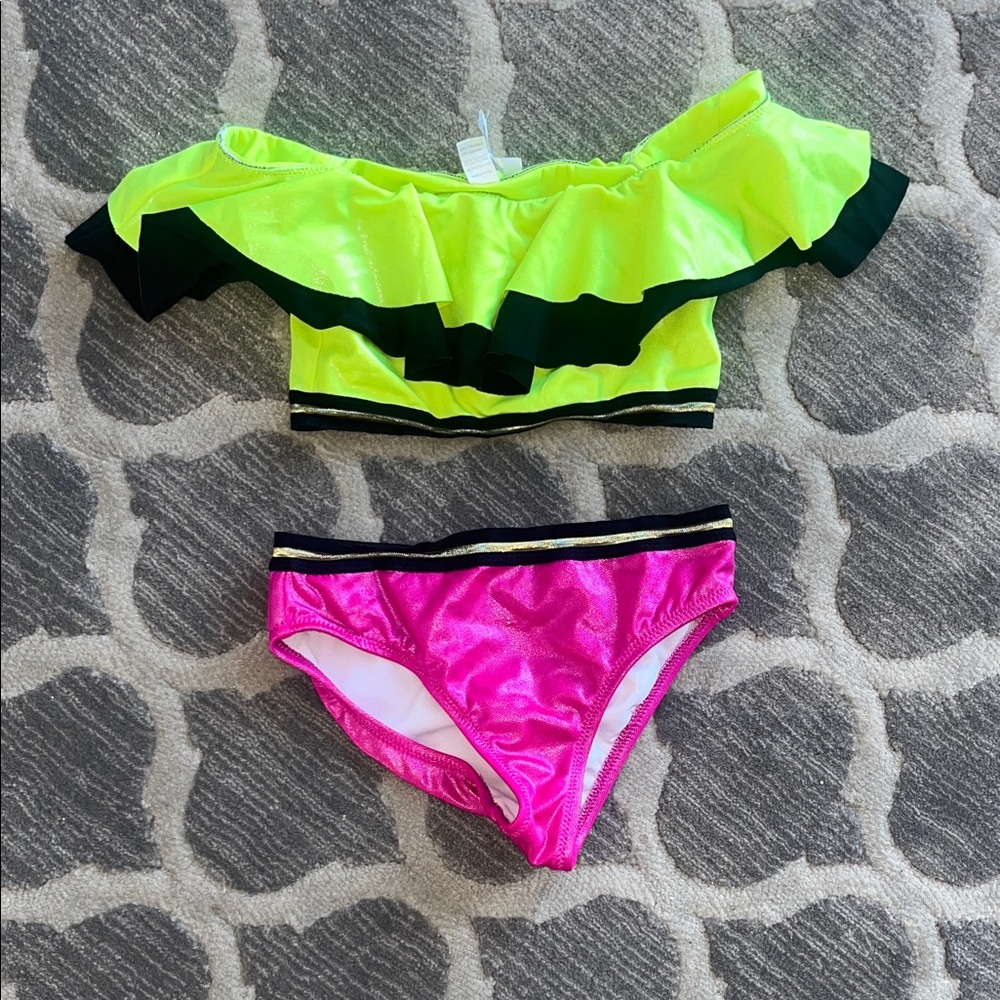 Neon Lime Ruffle Kids Bikini Top with Black Trim